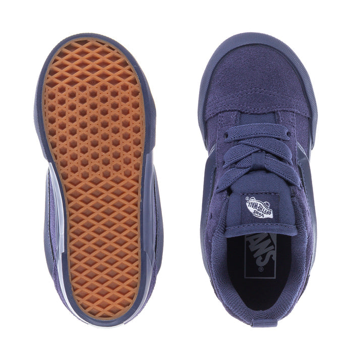 Toddler dark navy suede sneakers: gum outsole and padded lace-up tongue