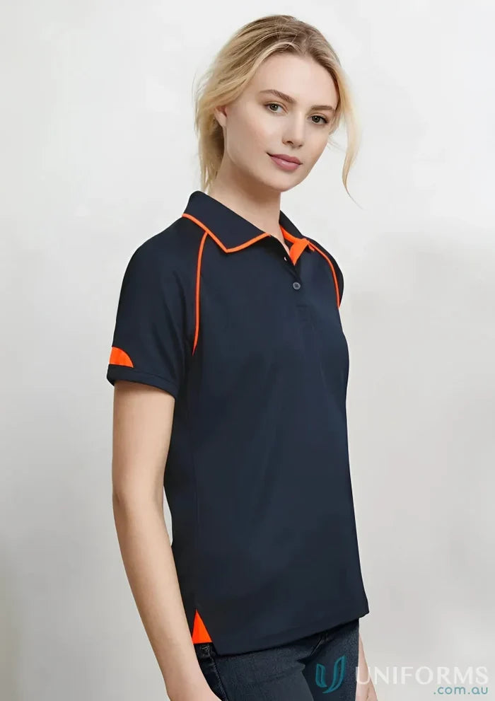 Ladies Fusion Navy Blue Polo with Orange Trim from Biz Collection Polo in Modern Fit
