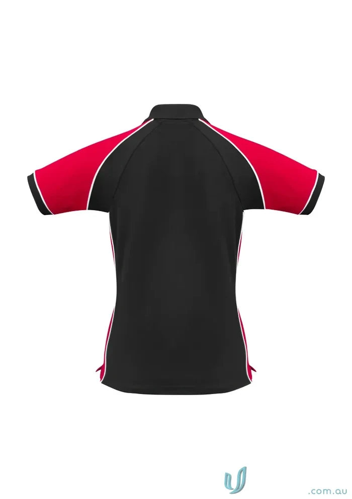 Ladies Nitro short sleeve polo shirt with red shoulder panels and white piping in cotton pique knit