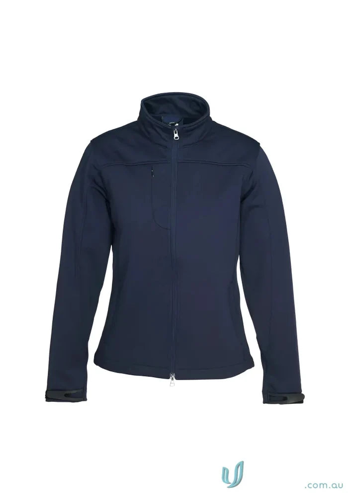 Womens softshell jacket navy blue with high collar and zip, part of Ladies U:Tech SoftShell collection