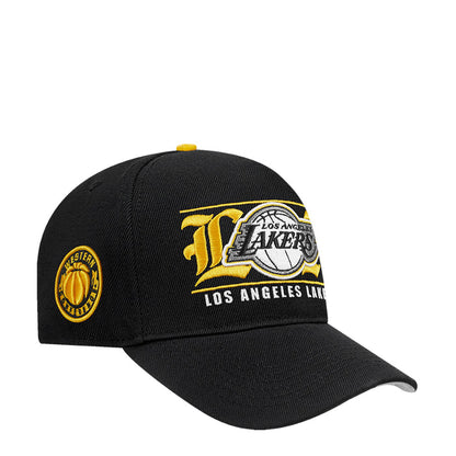 Black snapback baseball cap with side Lakers logo patch and yellow text