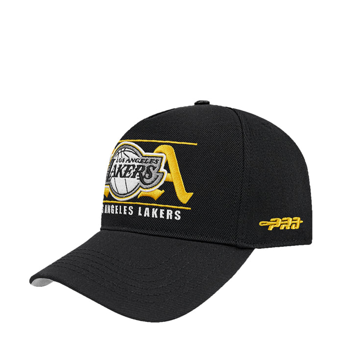Black snapback baseball cap with front Lakers logo and small yellow side logo