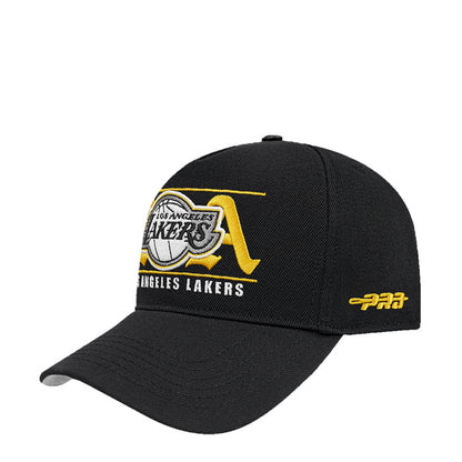 Black snapback baseball cap with front Lakers logo and small yellow side logo