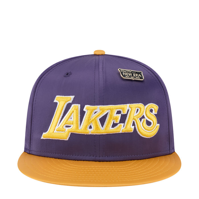Two-tone satin cap: purple crown, gold brim, Lakers front logo