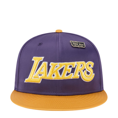 Two-tone satin cap: purple crown, gold brim, Lakers front logo