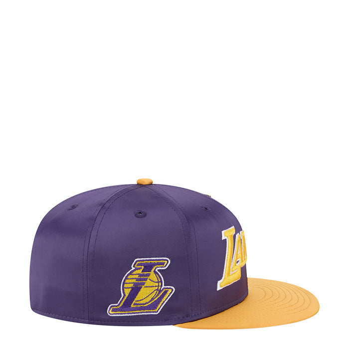 Two-tone satin cap: purple crown, gold brim, side Lakers emblem