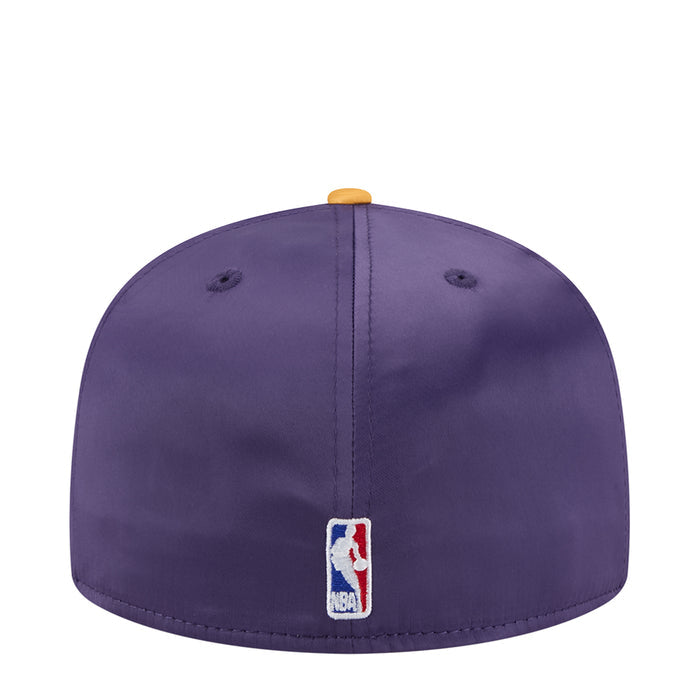 Two-tone satin cap: purple crown, NBA logo patch at back