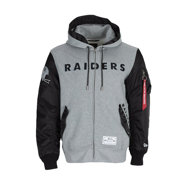 Men's Raiders zip-up hoodie jacket, heather gray body with black sleeves