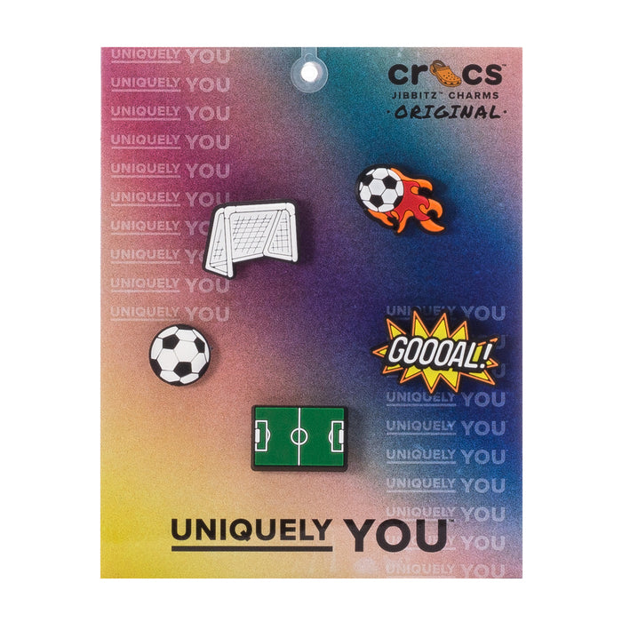 Soccer Jibbitz charm set card with soccer ball, goal net, field, and 'GOOOOAL' icon
