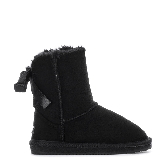 Black toddler ankle boot with faux-fur cuff and side bow detail
