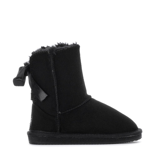 Black toddler ankle boot with faux-fur cuff and side bow detail