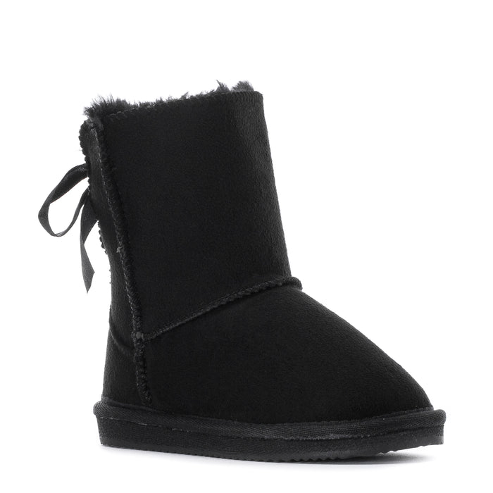 Black toddler ankle boot with faux-fur cuff and ribbon tie bow on side