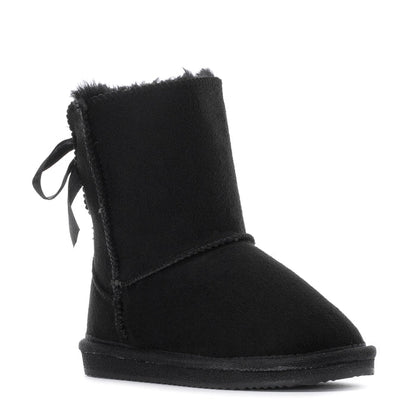Black toddler ankle boot with faux-fur cuff and ribbon tie bow on side