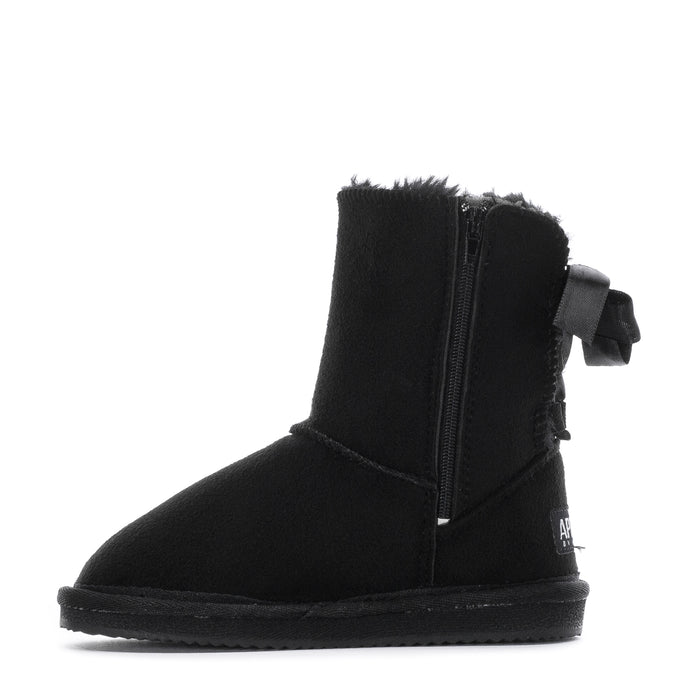 Black toddler ankle boot with side zipper and small ribbon bow accent