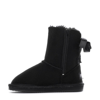 Black toddler ankle boot with side zipper and small ribbon bow accent