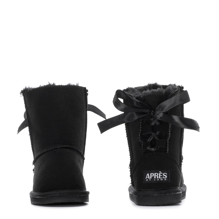 Black toddler boots with ribbon bows, faux-fur cuffs, and APRES label on back
