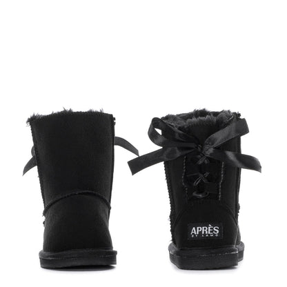 Black toddler boots with ribbon bows, faux-fur cuffs, and APRES label on back