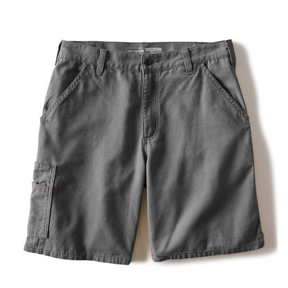 Men's steel gray loose 9-inch shorts with belt loops and front button closure