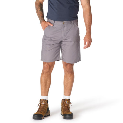 Men's steel gray 9-inch shorts worn with short-sleeve shirt and boots, side view