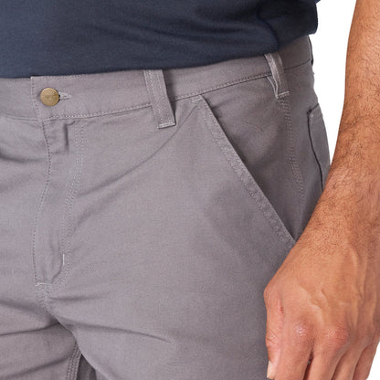 Steel gray men's 9-inch shorts close-up: front slant pockets and button waistband
