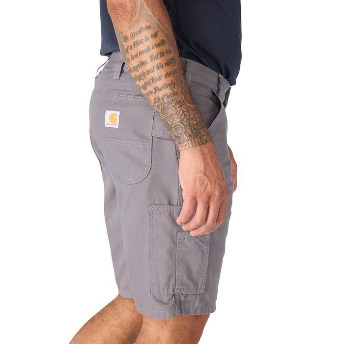 Steel gray men's 9-inch shorts with side cargo pocket and Carhartt-style logo patch