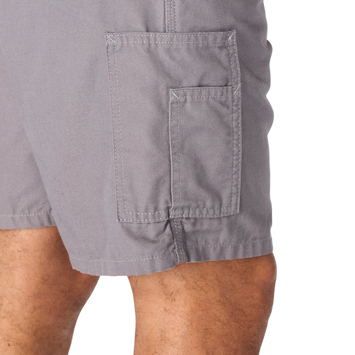 Steel gray cargo shorts close-up: square flap pocket with visible stitching