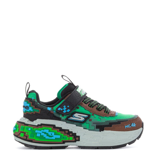 Kids' sneaker in brown, green, and black with green laces and white sole