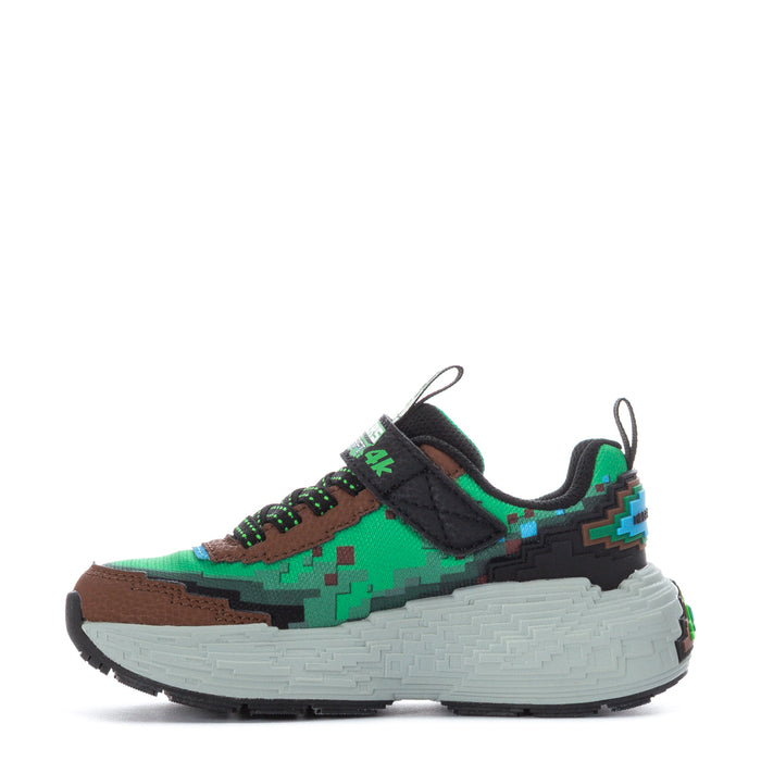 Kids' sneaker side view with green and brown uppers, black straps, white midsole
