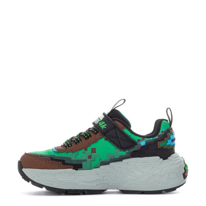Kids' sneaker side view with green and brown uppers, black straps, white midsole