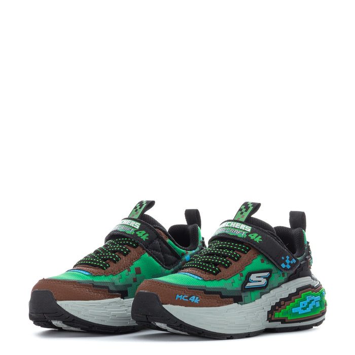Kids' sneaker pair front angle with pixel pattern in green and brown, black accents