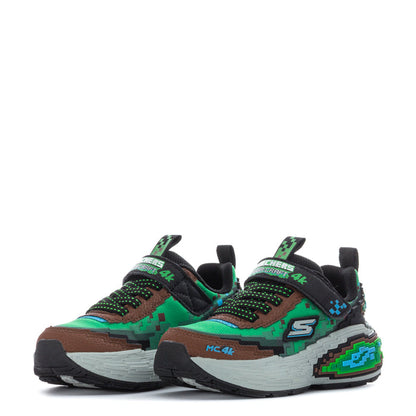 Kids' sneaker pair front angle with pixel pattern in green and brown, black accents