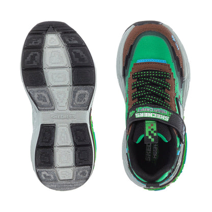 Kids' sneaker outsole and inside view with textured tread and green interior