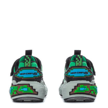 Kids' sneaker back view: black heel with green pixel graphic and white outsole