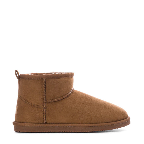 Women's chestnut low boot with suede upper, seam detail, and stitched cuff