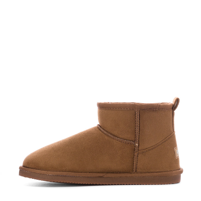 Women's chestnut low boot with rounded toe, stitched ankle collar, and back pull tab