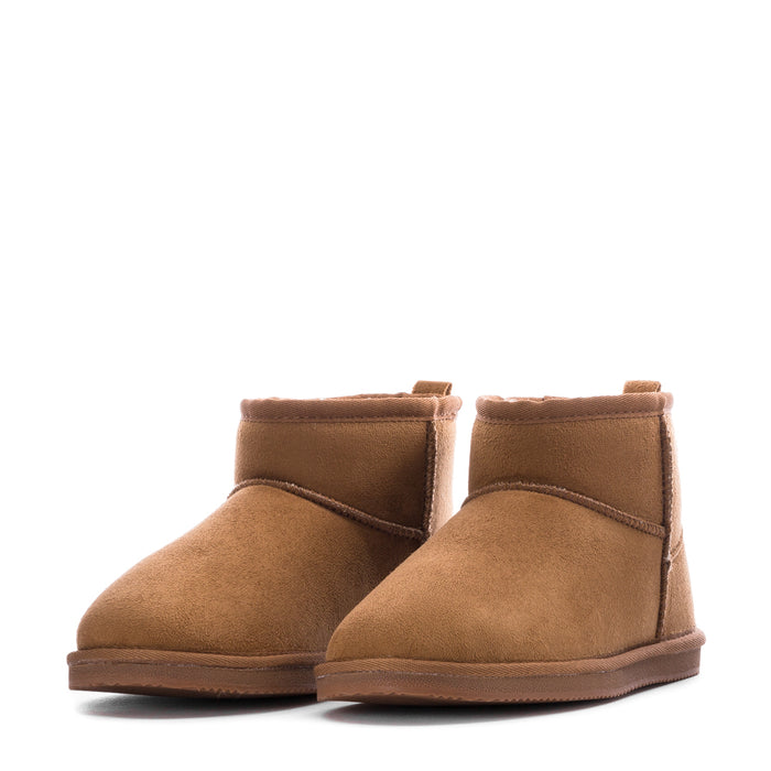 Pair of women's chestnut low boots with rounded toes and topline stitching