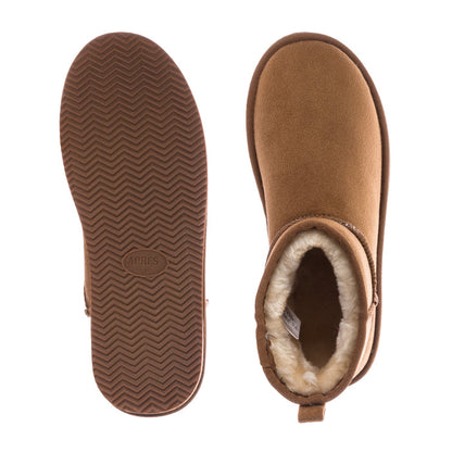 Women's chestnut low boots with textured rubber outsole and plush shearling lining