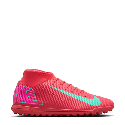 Men's red turf soccer shoes with turquoise swoosh and side graphic