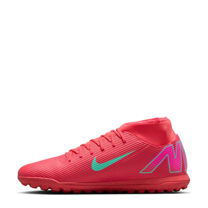 Men's red high-top turf soccer shoes, side view with turquoise swoosh and laces