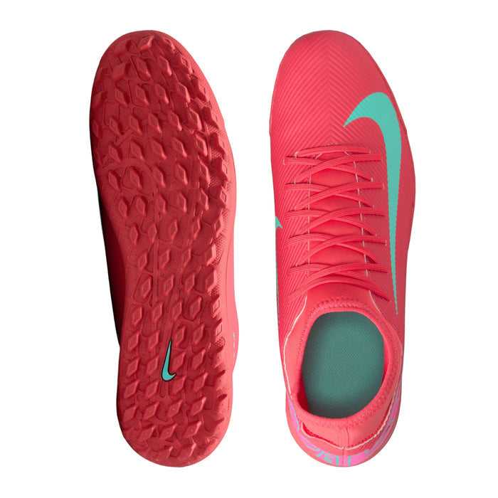 Men's red turf soccer shoes, outsole and interior view with turquoise logo