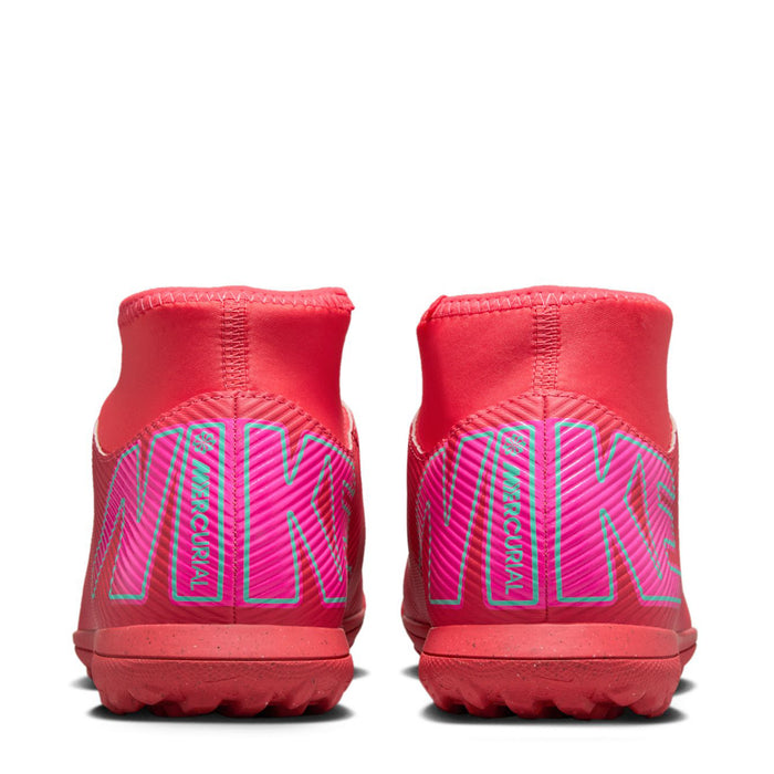 Men's red turf soccer shoes, heel view with turquoise swoosh and N-style lettering