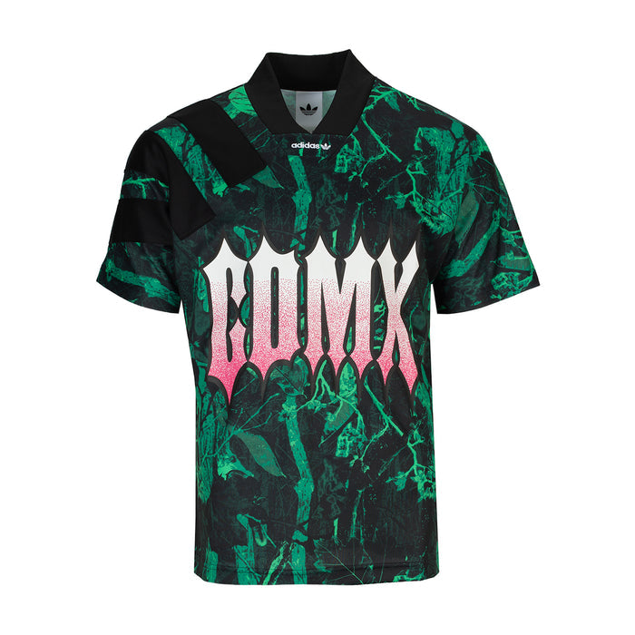 Men's graphic jersey, black with green abstract print and pink 'MEXICO CITY' text, short sleeves
