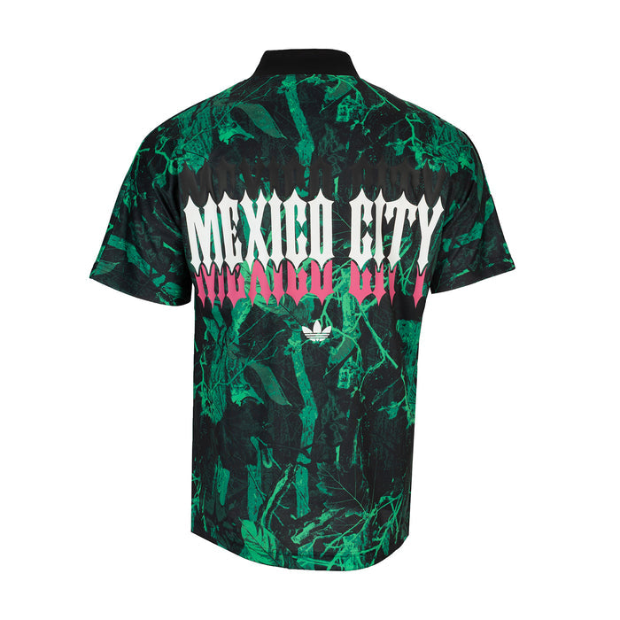 Men's graphic jersey back, black with green abstract pattern and pink 'MEXICO CITY' lettering