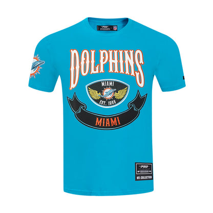 Men's teal crewneck T-shirt with Dolphins graphic and “Miami” crest on front