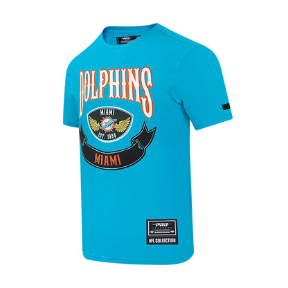 Men's teal crewneck T-shirt with large front Dolphins crest graphic, side label