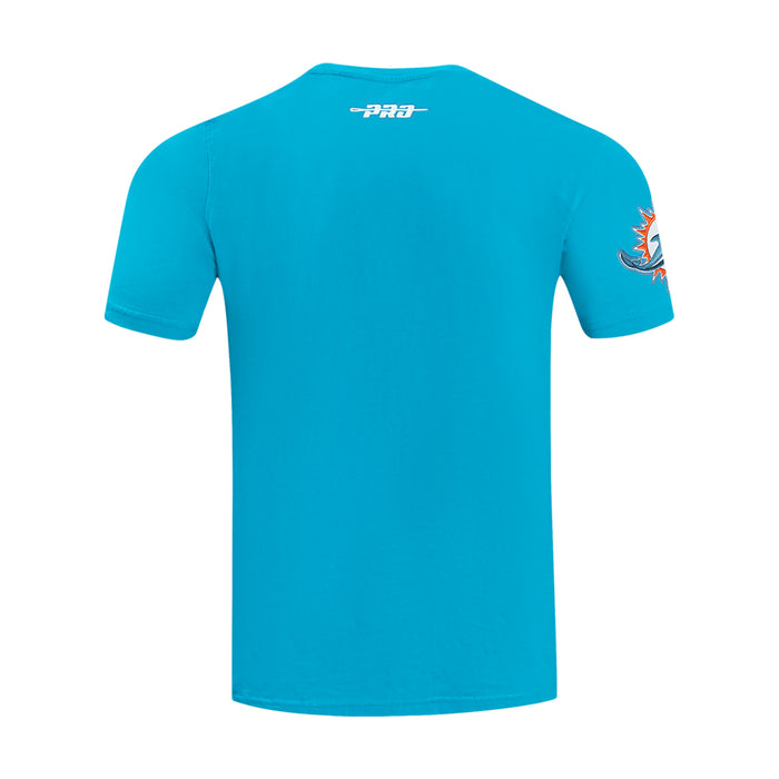 Men's teal crewneck T-shirt with small back branding and sleeve emblem