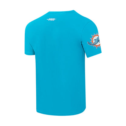 Men's teal crewneck T-shirt with small back “pro” mark and Dolphins sleeve logo