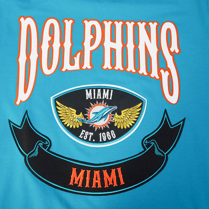 Teal Dolphins graphic T-shirt front: “Dolphins” text and Miami crest