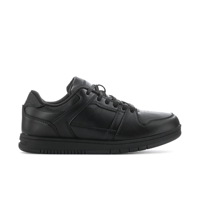 Men's black lace-up low-top sneakers with padded collar and stitched panels