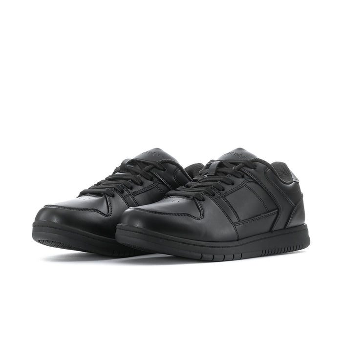 Men's black lace-up sneakers, side view with textured trim and rubber sole